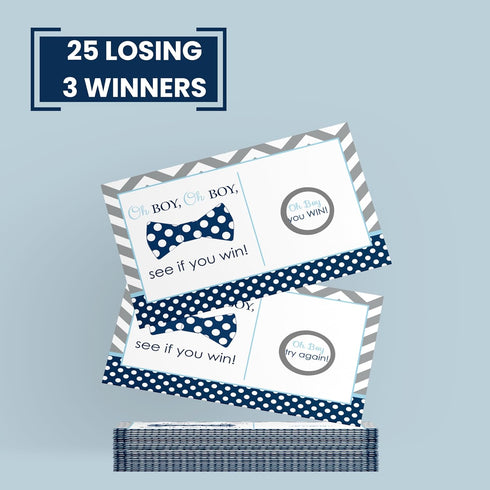 Bow-Tie Baby Shower Games for Boys - 28 Pack Scratch Off Game Cards, Little Man Theme in Blue and Grey
