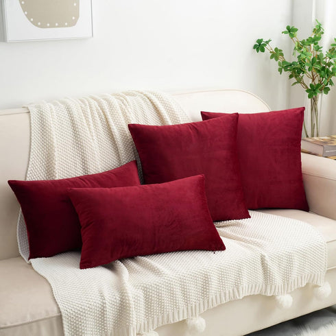 HWY 50 Burgundy Red Velvet Throw Pillow Covers, 20x20 Inch, Pack of 2 Soft Cozy Decorative Cushion Cases