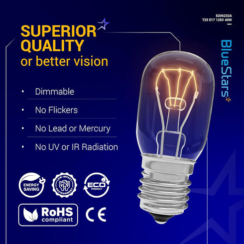 BlueStars 8206232A Microwave Oven Light Bulb, 40W 125V E17 Base, 3 Packs, Compatible with Whirlpool