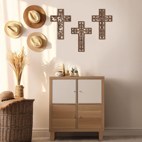 Yookeer 3 Pcs Wooden Cross Wall Decor - Handmade Antique Religious Brown Decorations for Home