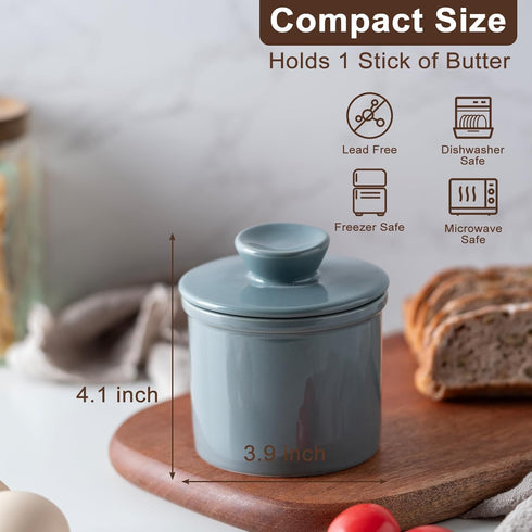 Dark Gray Butter Crock with Water Line, French Butter Dish with Lid for Fresh Spreadable Butter on Countertop