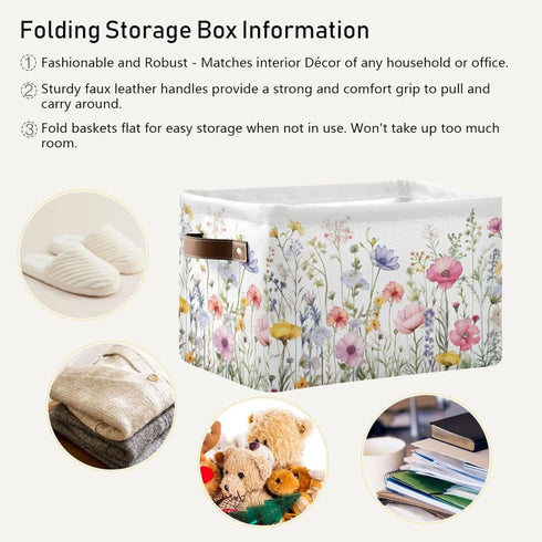 Herbal Wildflowers 1pc Storage Basket, Large Collapsible Canvas Organizer with Handle for Home Office Decor