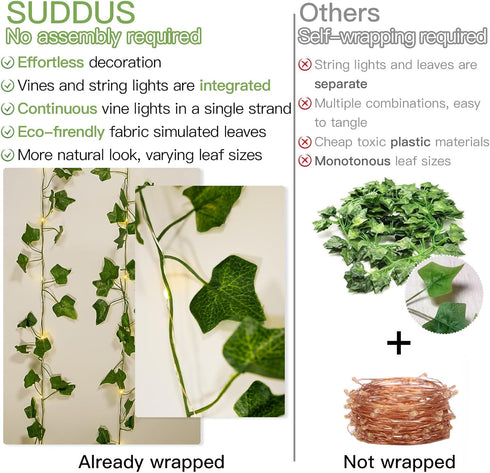 20 6.56FT suddus Fake Vines with Lights Battery Operated, LED Ivy Garland Fairy Lights with Timer, Leaf String Lights