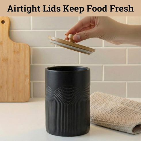 Countertop Set 3 Set Ceramic Kitchen Canisters for of with Airtight Bamboo Lids - Black Kitchen Canisters with Airtight