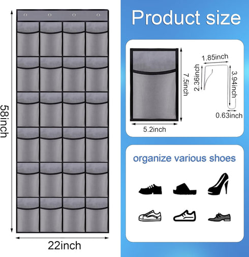 Teikou 24 Over the Door Shoe Organizer, Large Breathable Mesh Pockets, Hanging Storage Holder, Hanging Shoe