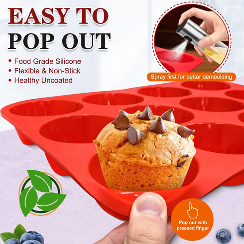Walfos Muffin Pan Set - 12 Cups Regular Silicone Cupcake Pan, Non-stick, BPA Free, 2-Piece