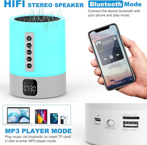 Dimmable 48 10-15 Night Light Bluetooth Speaker Alarm Clock, Sound Machine with White Noise, Touch Bedside Lamp, Warm