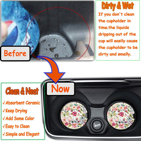 Car Coasters for Women, 2 Pack Mother's Day Auto Ceramic Coasters for Cup Holders, Easy Removal (Flower)