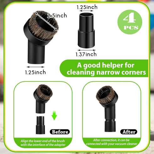 Honoson 2 Pack Round Dust Brush Vacuum Attachment: 1-1/4 Inch Black Bristle Cleaner with 1.25 to 1.37 Inch Hose Adapter
