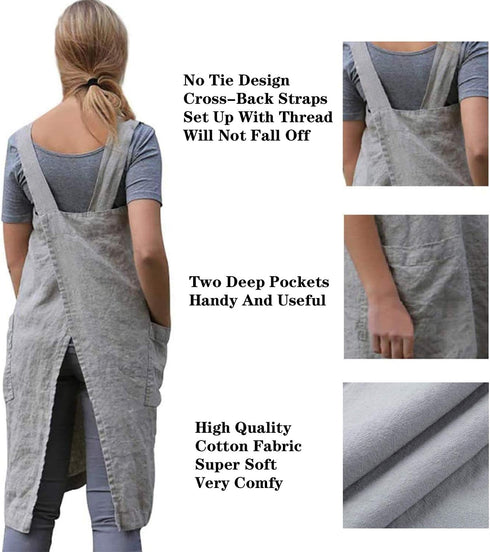 YESDOO Linen Apron: Cross Back Pinafore Dress for Women with Pockets for Baking and Cooking (Grey, Small)