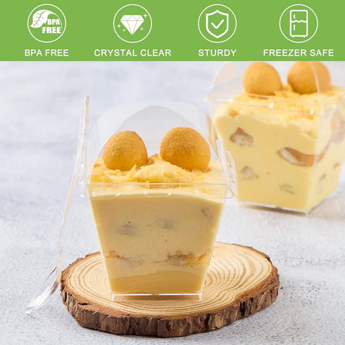 50 Pack 7 oz Zezzxu Square Dessert Cups with Dome Lids and Spoons, Plastic Pudding Cups with Lids Mini Parfait Shooter