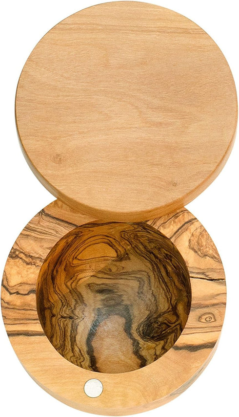 Handcrafted Salt Keeper with Magnetic Lid, 4" Round, Olive Wood by Berard