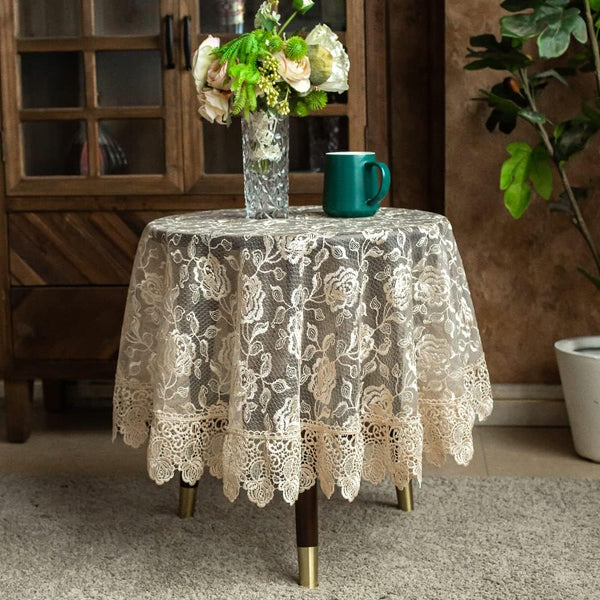 SUTAVIA Lace Rose Fabric Round Tablecloth Gold Floral Coffee Table Cover Classic