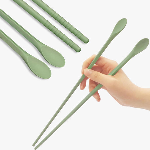 Reusable Long Silicone Cooking Chopsticks with Spoon, 12 Inches, BPA-free Non-Slip Kitchen Utensils (Pastel Green)