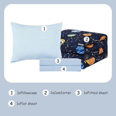 Set 4 Set Toddler Bedding - Pieces Toddler Comforter for Kids Boys, Glow in The Dark Space Bed in A Bag with Sheets
