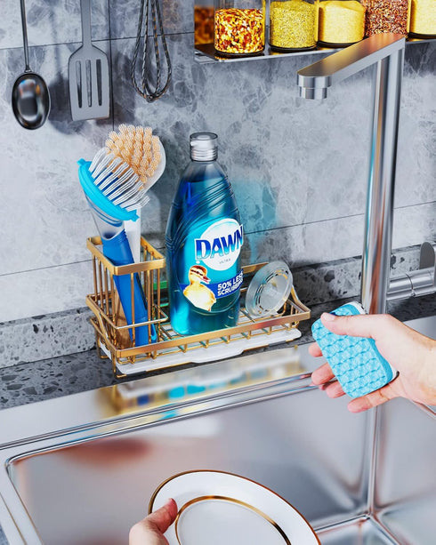 Consumest Sink Caddy, Kitchen Sponge Holder + Dish Brush Holder, Stainless Steel Rustproof Sink Organizer - Gold
