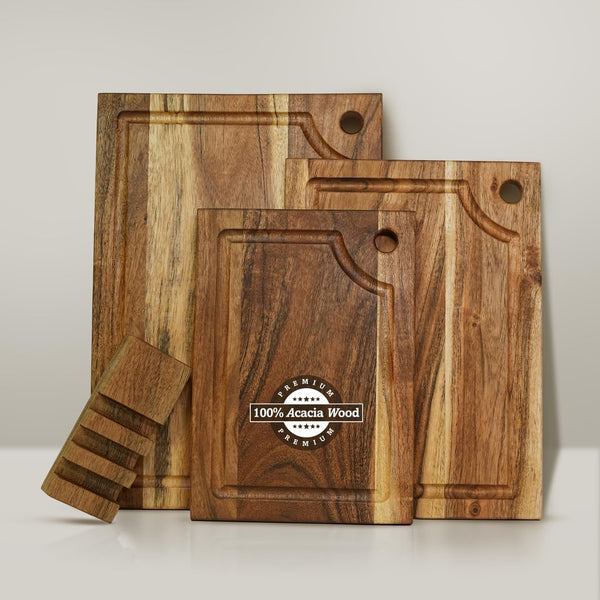 Acacia Wood Cutting Board, Solid Wood Cutting Board Set of 3 with