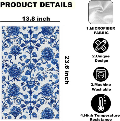 Blue Leaves 4 Pcs Artistic Floral Kitchen Towels, Traditional Art Decorative Absorbent Microfiber Dish Cloth Tea Towel