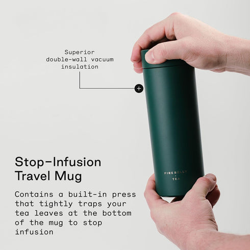 Firebelly Tea, Travel Tea Infuser Mug with Strainer, Insulated Tumbler for Loose Leaf Tea or Coffee, Leakproof Bottle