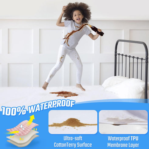 54" 75" FGZ Full Size Mattress Protector Waterproof White Noiseless Cotton Terry Washable Mattress Cover for Kids