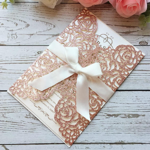 20PCS 5.12 x 7.28'' Laser Cut Wedding Invitations Cards with Envelopes, Hollow Rose Pocket with Bowknot for Bridal