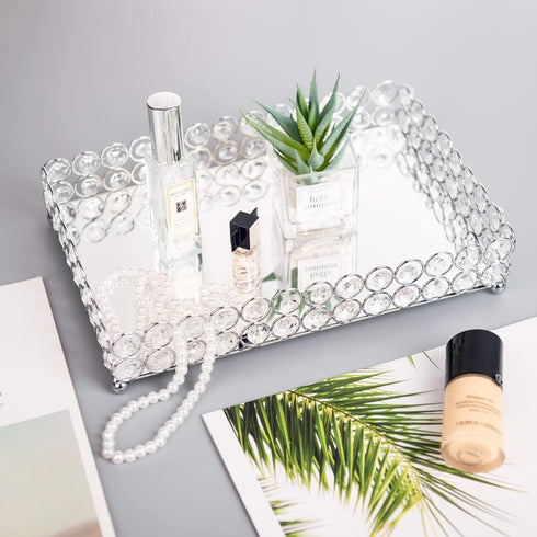 Feyarl Crystal Vanity Makeup Tray, Ornate Jewelry Trinket Organizer, 12" x 8" Silver Decorative Tray