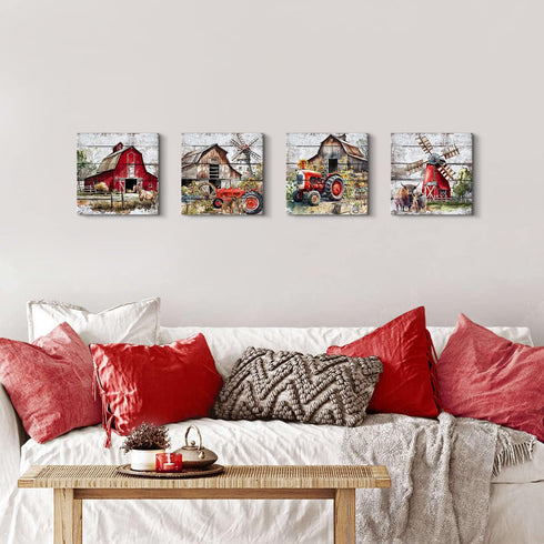 Rustic Farmhouse Wall Art - Red Barn Pictures for Country Kitchen Decor, 12x12" Canvas Prints, 4Pcs
