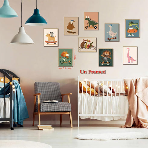 SAMHOU Set 9, 8x10 Inch Kids Room Wall Art of Funny Cute Cartoon Animal Canvas Prints, Nursery Wall Decor Paintings