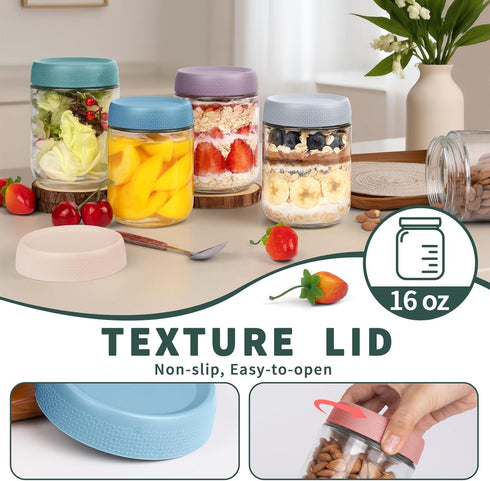 SECLENT 6 Pack 16oz Overnight Oats Containers with Lids, Wide Mouth Mason Jars, Suger Bowls, Glass Food Containers