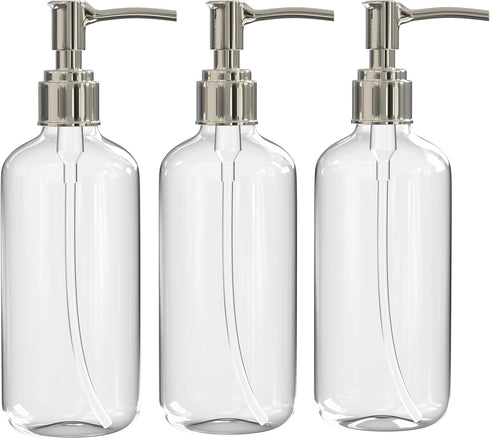 Clear Plastic Soap Dispenser Pump Bottles, 3 Pack, 16 Oz, BPA-Free Boston Round for Bathroom or Kitchen