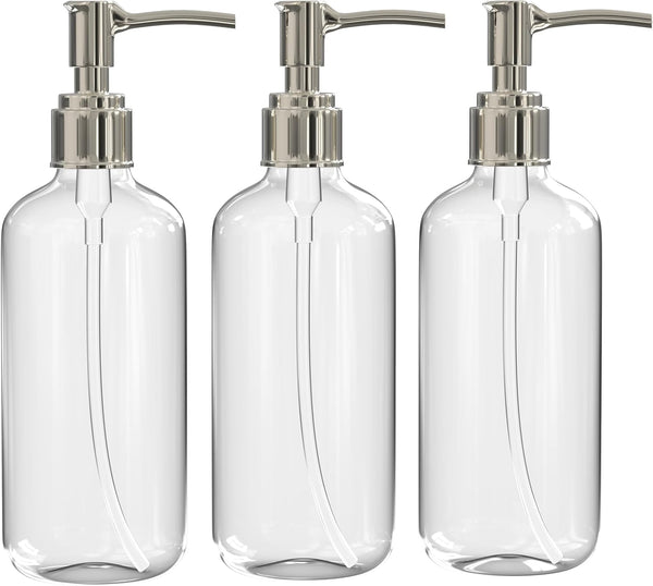 Clear Plastic Soap Dispenser Pump Bottles, 3 Pack, 16 Oz, BPA-Free Boston Round for Bathroom or Kitchen