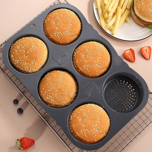MUJUZE Hamburger Bun Pan, 6 Cavity Nonstick & Heat Resistant Mold for Homemade Burger Buns