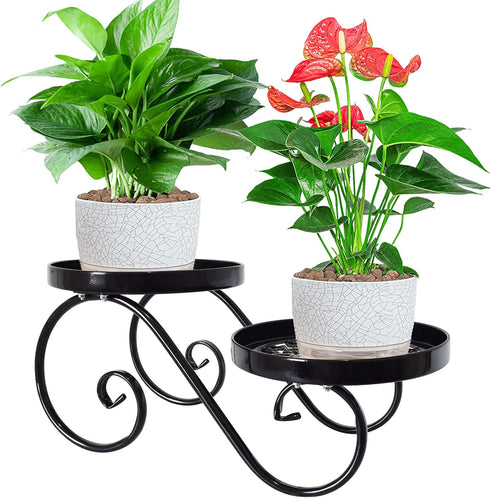 TLBTEK 2 tier Metal Plant Stand,Black Round Potted Planter Stands Indoor Outdoor