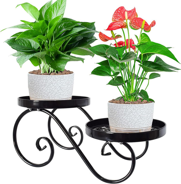 TLBTEK 2 tier Metal Plant Stand,Black Round Potted Planter Stands Indoor Outdoor