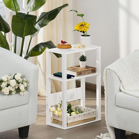 3-Tier YUFAM Small Narrow Wood Side Table with Charging Station, Skinny Nightstand for Small Space, Slim Bedside Table