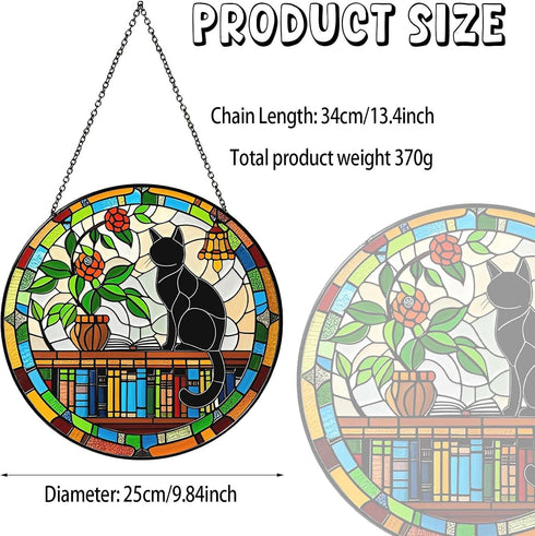 RVEAFA 9.8'', Cat Sun Catcher Stained Glass Window Hanging Book Lover Gifts for Women Book Wall Decor Handmade Sun
