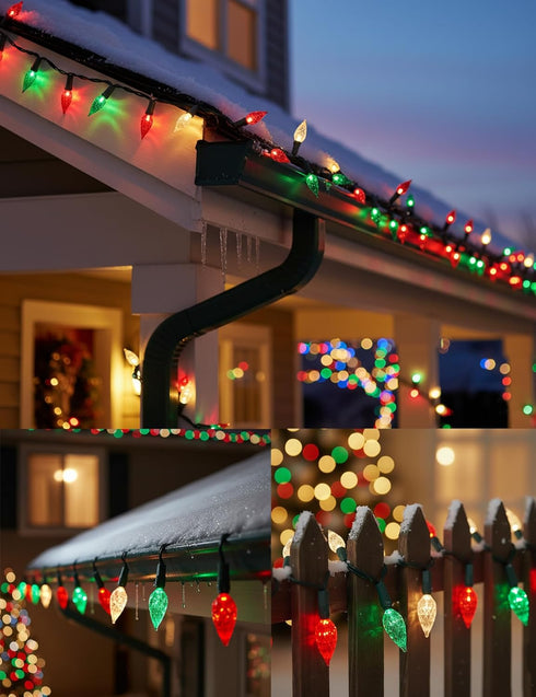 C6 50 25ft BOHON Red White and Green Christmas Lights Outdoor Faceted LED Plug in Fairy Twinkle Warm String Lights
