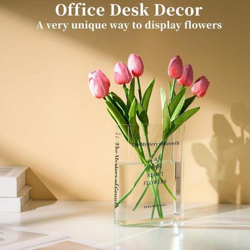 Puransen Clear Book Flower Vase - Floral Bookshelf Decor, Acrylic Flower Holder & Space-Saving Organizer, Modern Home