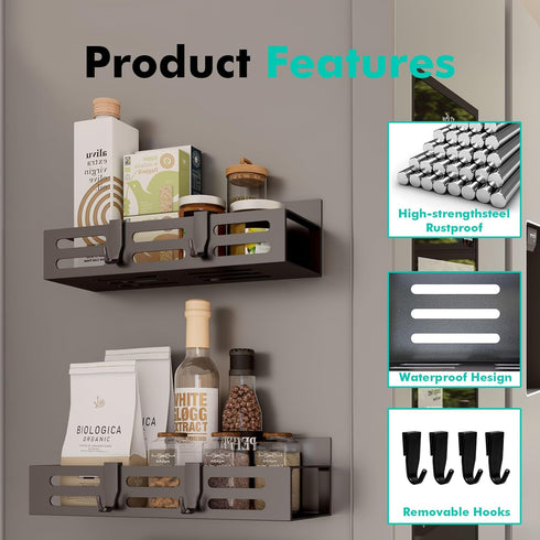 SETBAOO 2 Pack Magnetic Spice Rack for Refrigerator, Black Magnetic Shelf and Fridge Kitchen Cabinet Organizers Storage