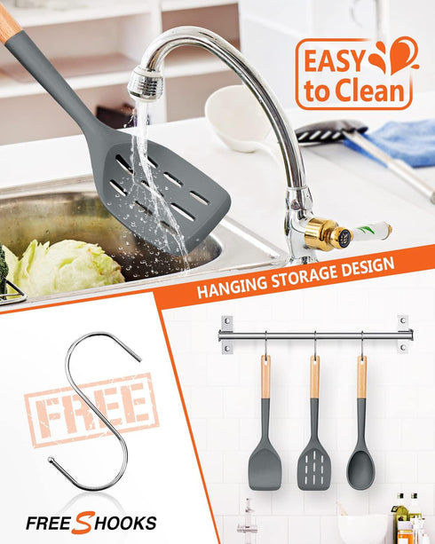 Pack of 3 Silicone Spatula - Non Stick Cooking Utensil Set - Wooden Handle Kitchen Turner for Baking