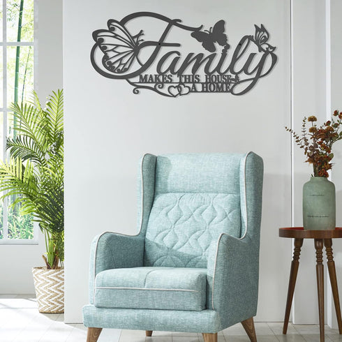 Family Metal Wall Decor Word Sign, Black Family Makes This House A Home Art, Butterflies Love Heart Wall Hanging