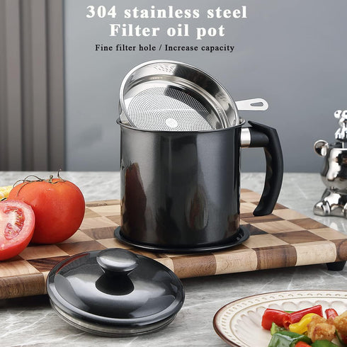 Berglander Black Bacon Grease Container with Strainer, 47oz/1.4L Stainless Steel Oil Storage with Fine Mesh Strainer