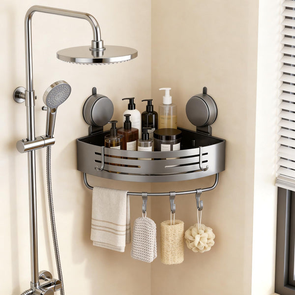 Structoline No-Drilling Corner Suction Cup Shower Caddy(1-Pack Gray),Rust-Proof and Durable Bathroom Organizer with