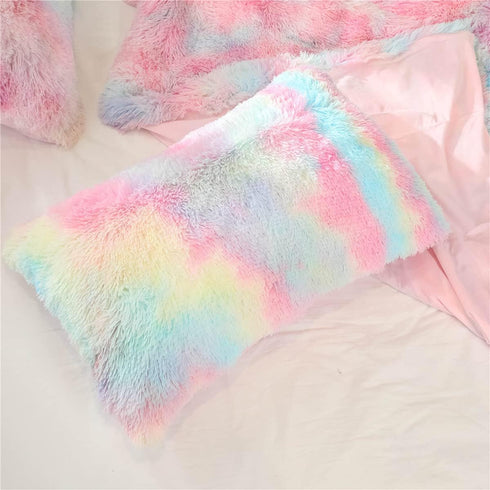 Plush Standard/Queen Pillowcase 2 Pack, Rainbow Tie Dye Super Soft Fluffy Faux Fur Pillow Cases with Zipper