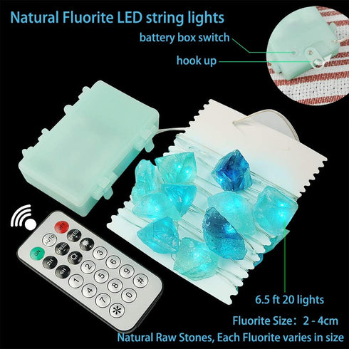 BOHON Natural Fluorite String Lights, Battery Operated with Remote, Sea Glass Raw Stones Decorative Lights 6.5ft 20