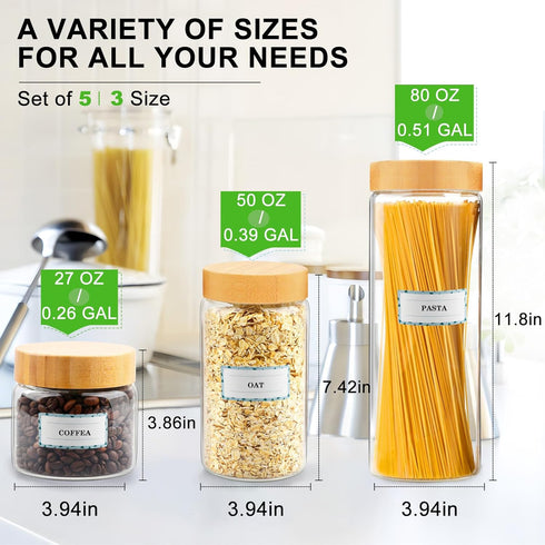 AISIPRIN Airtight Glass Jar with Lid - Glass Storage Containers with Screw On Bamboo Lids, 5Pcs Set