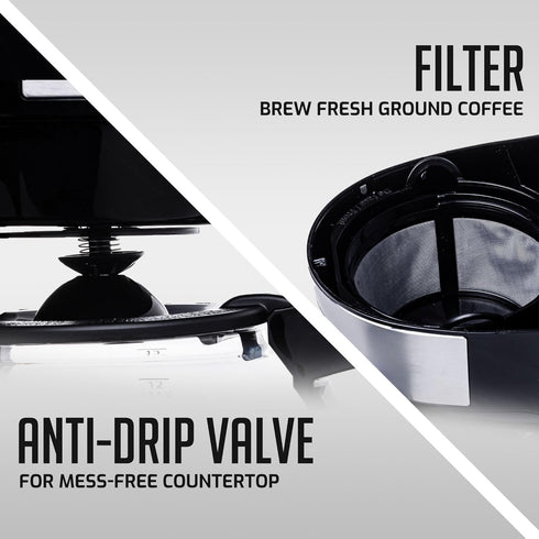 OVENTE 12-Cup Drip Coffee Maker with Borosilicate Glass Carafe, One-Touch Operation, Anti-Drip System, Black CM412B