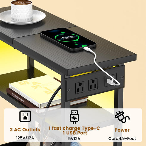1 Creso hom Narrow Side Table with Charging Station and LED Light, Small End Table with Fabric Drawer, Skinny