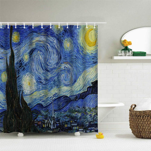IcosaMro Starry Night Shower Curtain with Hooks, V. Gogh Stars Art Decorative Bath Decorations - 71Wx72L, Blue