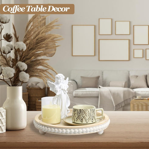 Counter Decorative Coffee Table Tray, Round Wooden Tray Decor Log Beaded Distressed Rustic Farmhouse Centerpiece